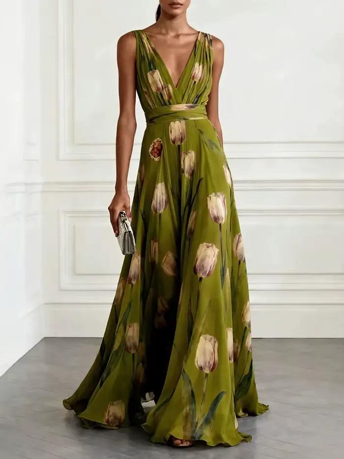 Robe longue élégante en mousseline de soie à col en V profond