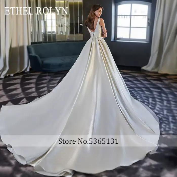 ETHEL ROLYN Robe De mariée trapèze élégante col en v Satin dos nu à lacets robes