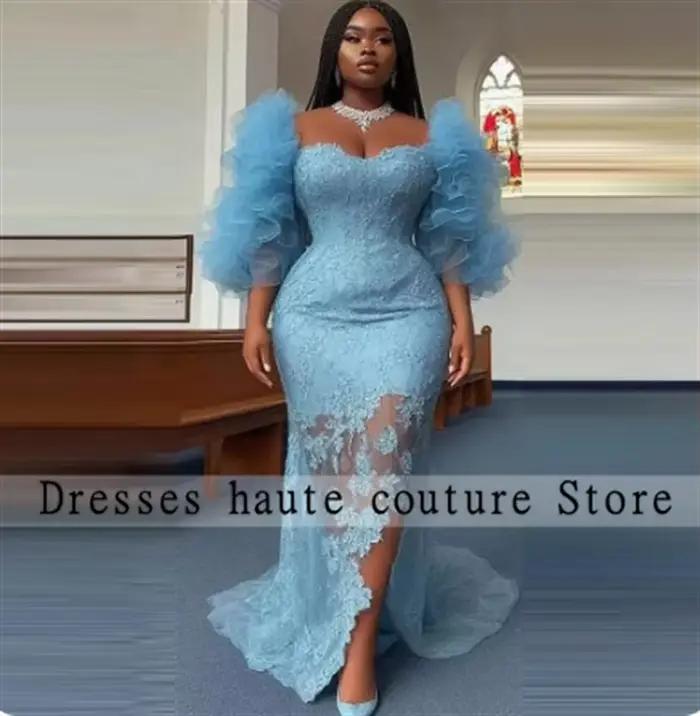 Robe de Soirée Africaine en Dentelle Bleue Personnalisée pour Femmes Occasions Spéciales Soirée Officielle Mariage Gala