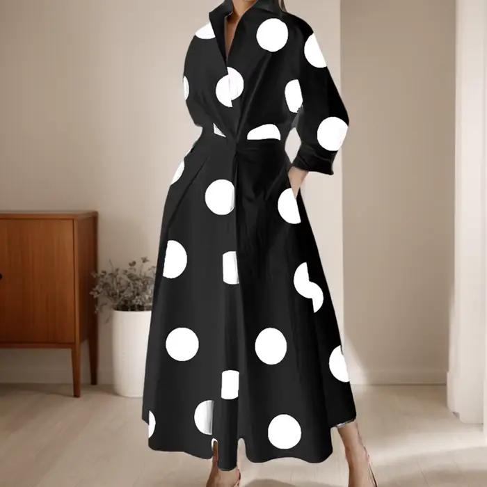 Robe longue taille haute à manches longues pour femmes, polyester, motif imprimé, coupe lâche, col rabattu, adapté aux événements formels, soirées et journées de travail