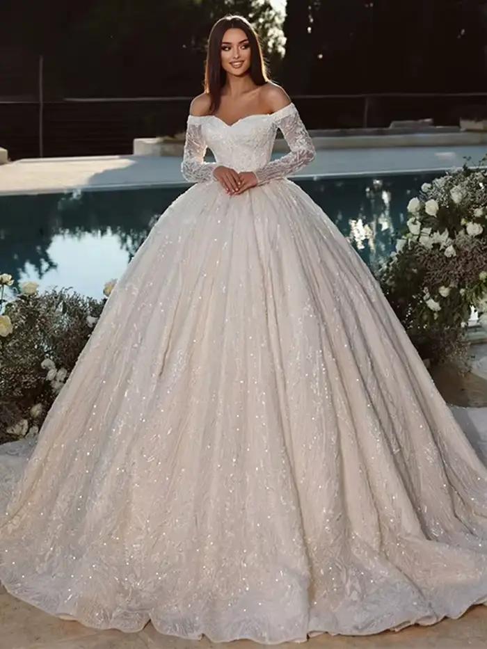 Robe De mariée à paillettes en Organza avec dentelle brodée