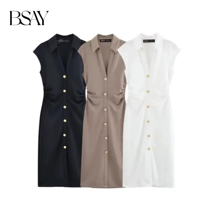BSAY robe pour femmes mode été nouveau pli sans manches col en v simple boutonnage robes mi-longues français Chic femme vêtements de soirée