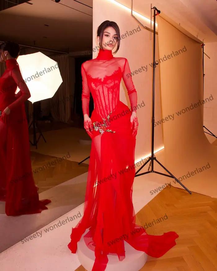 Robes de soirée rouges femme manches longues vestidos de noche arabe col haut robe de bal broderie