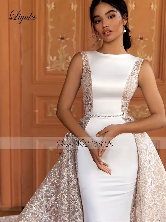 Liyuke personnaliser sur mesure charmante 2 en 1 robes de mariée sirène avec luxe de dentelle Satin étincelle élégance