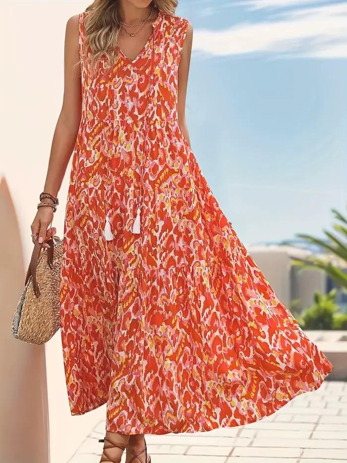 Robe polyester bohème imprimé abstrait à franges col en V pour femmes vacances d'été occasions spéciales