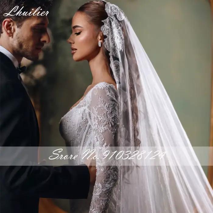 Lhuilier personnalisé sirène dentelle robes de mariée Illusion manches longues perles robe