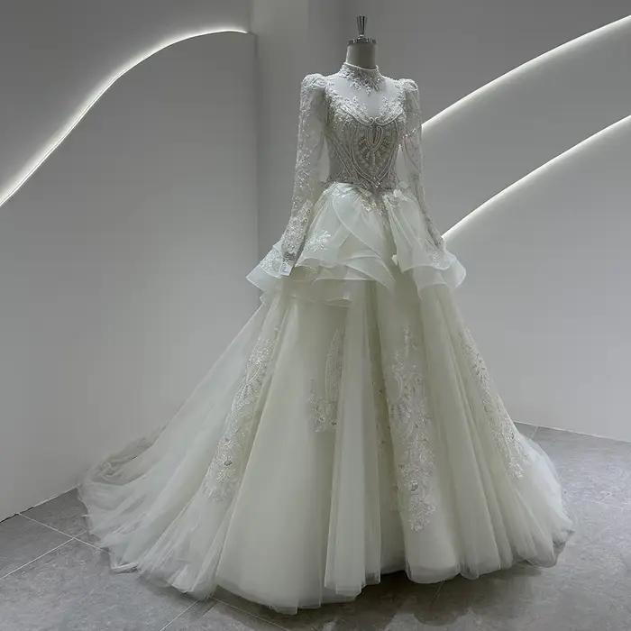 9439 personnalisé 2025 robe de mariée col haut dentelle bouffée à manches longues robes de bal