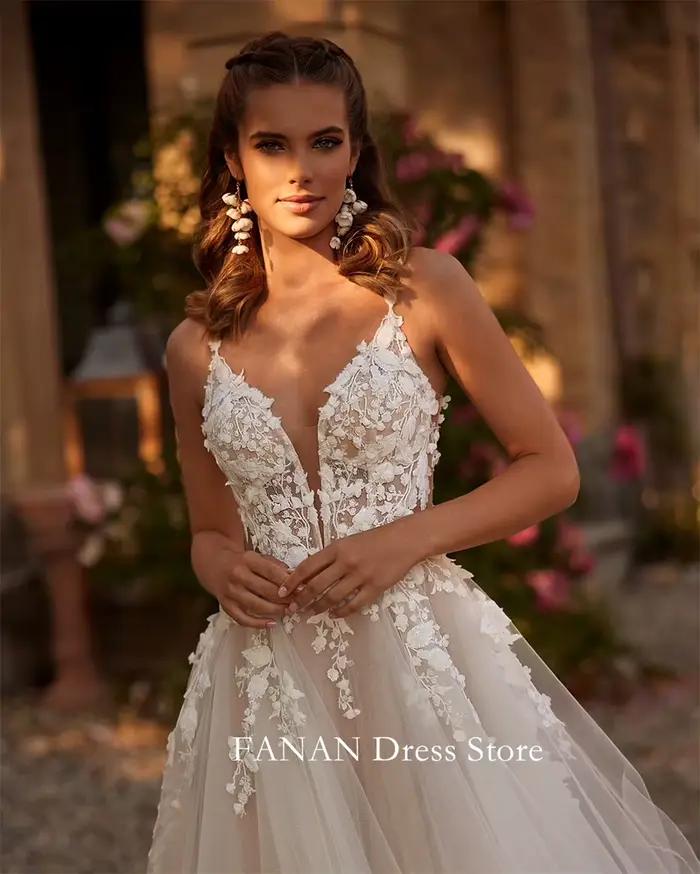 Fanan-Robe de Mariée à Bretelles Spaghetti en Tulle