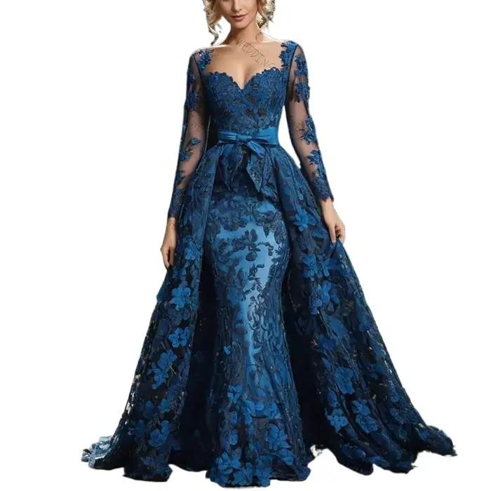 Col carré bleu dentelle Applique sirène robe De Soirée Chic