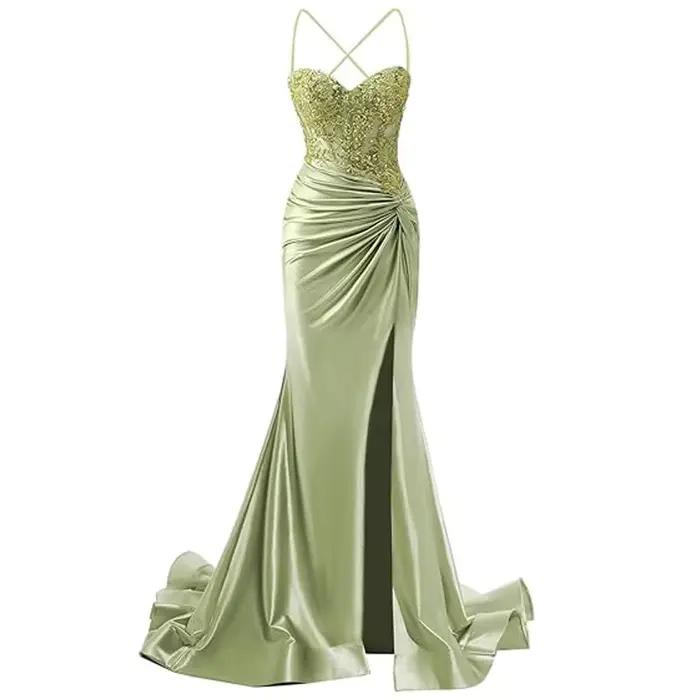 Robes de bal sirène vert sauge de luxe en dentelle à fines bretelles avec fente latérale haute
