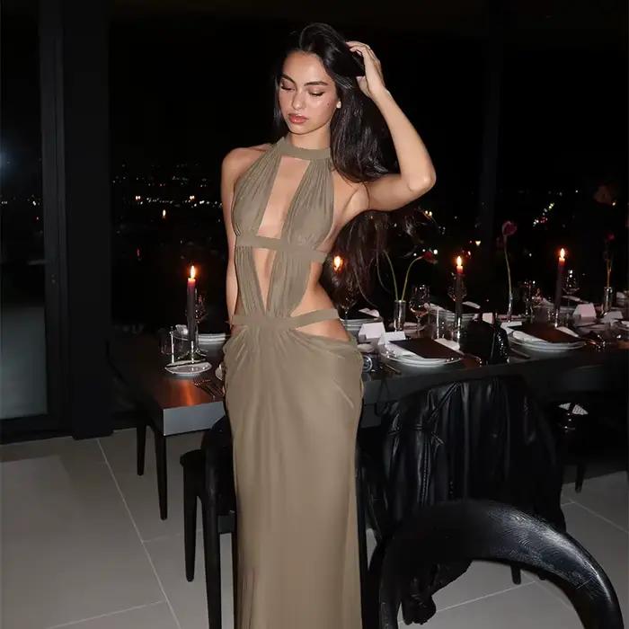 Robe longue de soirée élégante kaki