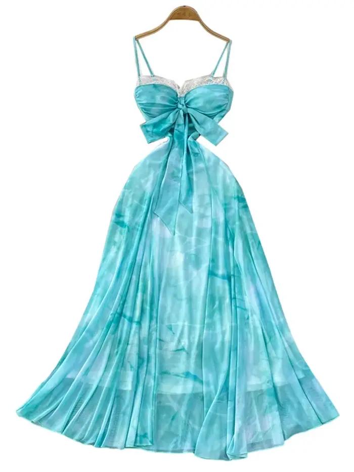 Foamlina lac bleu plage vacances robe femmes été magnifique Sexy dentelle licou cravate taille fée Maxi longues robes