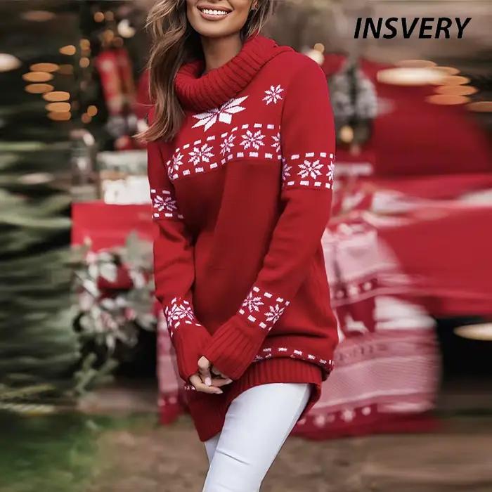 Robe pull imprimée flocons de neige pour femmes, élégante et ample, pour soirées de Noël et réceptions automne hiver