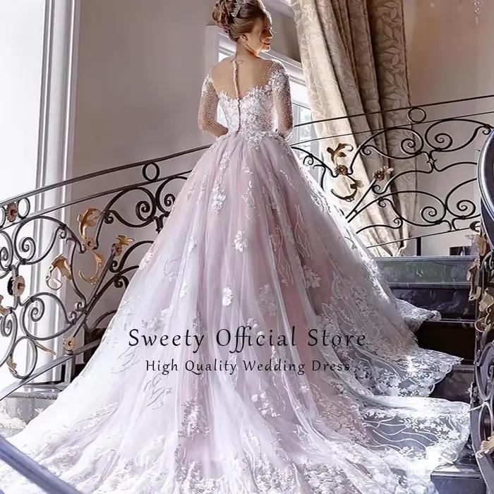 Robe de Mariée de Luxe en Dentelle avec Manches sulfet Col Rond