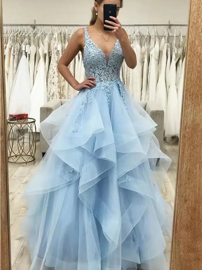 ANGELSBRIDEP bleu a-ligne robe de soirée volants fête robes de bal vestido de noche perles Applique princesse formelle