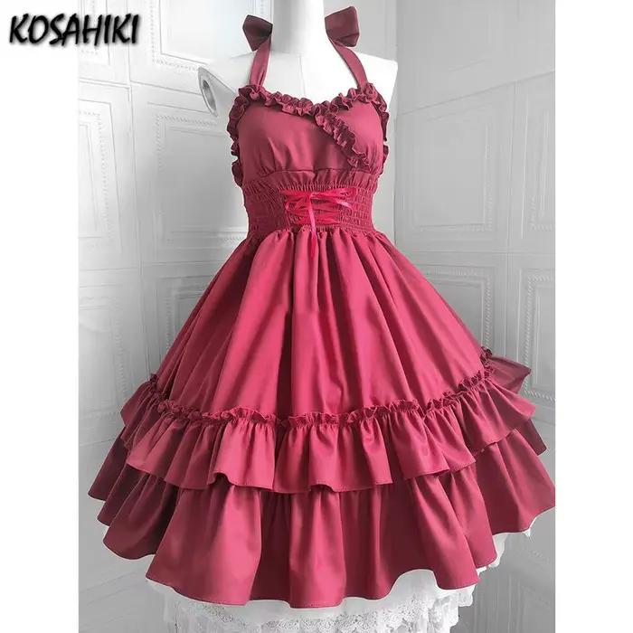 Robe Lolita Kawaii pour femme et fille, tenue de soirée, couleur unie, à volants, cosplay, printemps été, JSK, fibre synthétique, décontracté, silhouette une ligne, sans manches, pull, coupe régulière