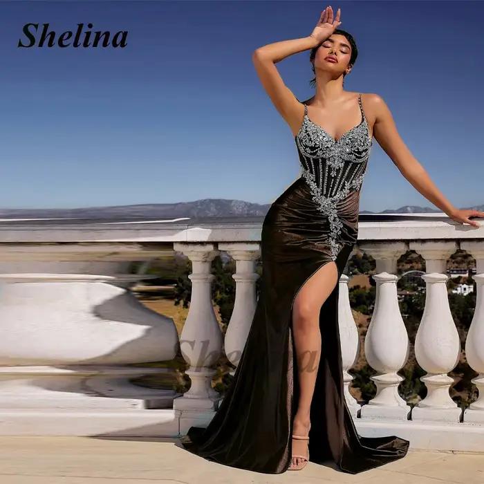 Shelina Opulent Robes De bal bretelles Spaghetti strass Mermiad haute fente sur mesure Occasion