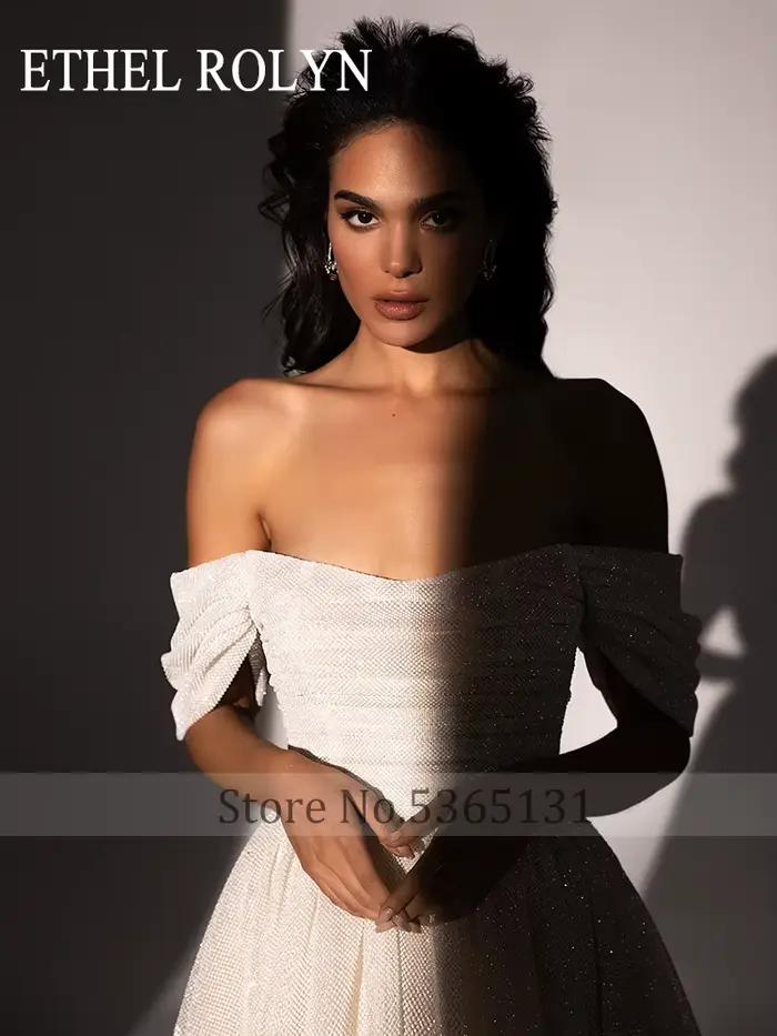 ETHEL ROLYN robes De mariée trapèze pour femmes brillant hors De l'épaule col bateau brosse Train robe