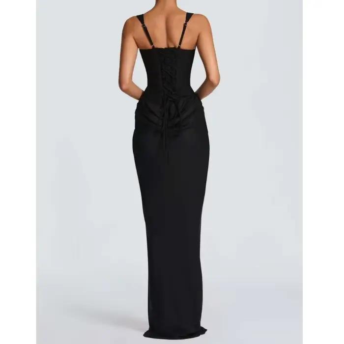 Nouvelle robe longue de style français avec coupe slim et bretelles en satin plissé