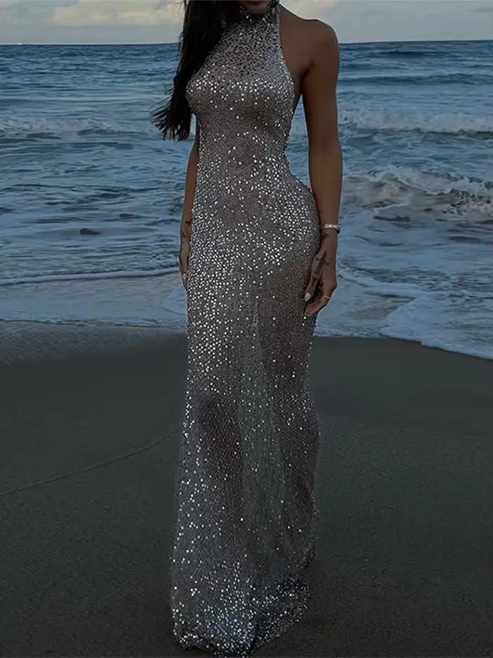 Robe longue sans manches à paillettes pour femme