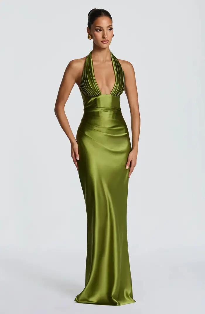 Robe de soirée formelle en satin vert olive pour femme