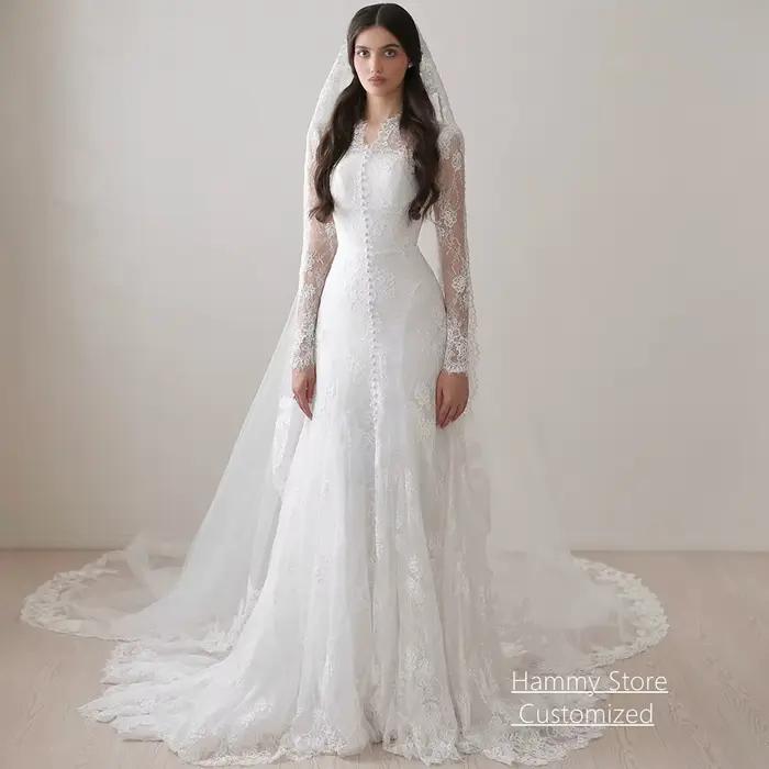 Robe de mariée saoudienne personnalisée avec col en V, manches longues, dentelle et train balayant pour femmes occasions spéciales