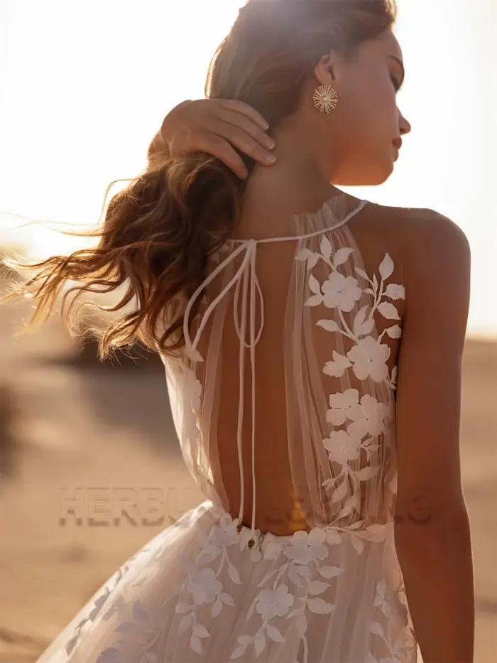 HERBURN élégant a-ligne robes de mariée pour les femmes licou dentelle Appliques Illusion pli robe