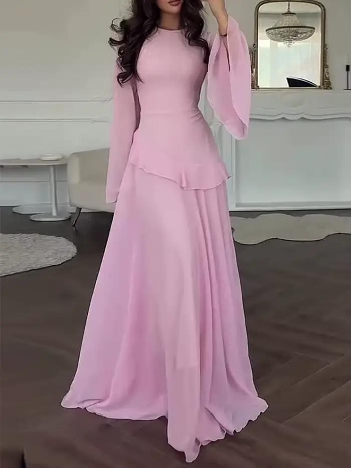 Robe longue élégante bleue en mousseline de soie à volants pour femme