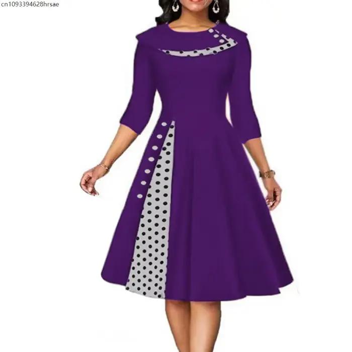Robe Vintage pour femmes Rockabilly Dot imprimé années 50 60 Patchwork manches longues taille haute balançoire