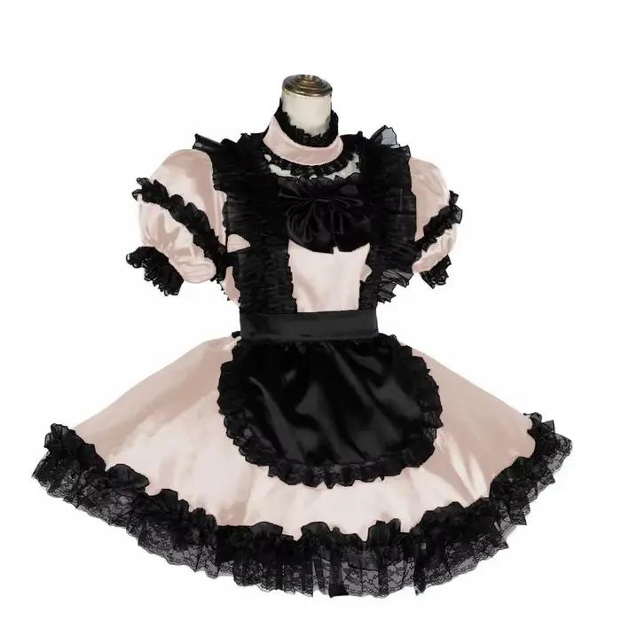 Uniformes de femme de chambre en dentelle noire française avec tablier