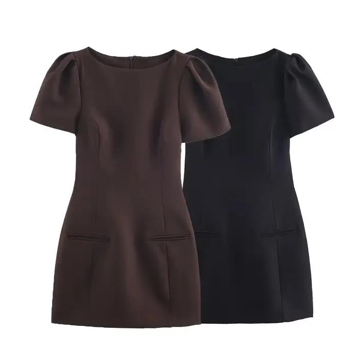 Robe plissée BSAY en polyester pour femmes, courte, col rond, manches courtes, style bureau-dame, automne, occasion spéciale, soirée, cocktail