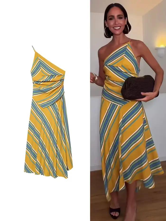 Robe longue asymétrique vintage rayée pour femme