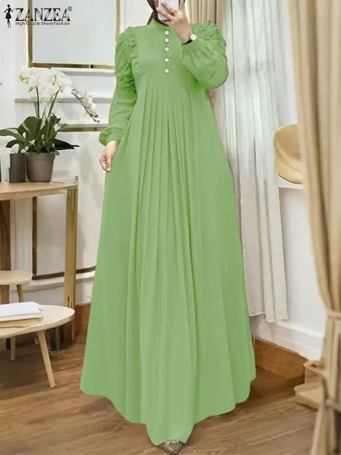 ZANZEA musulman modeste Maxi Robes femmes élégant volants garniture à manches longues plissé Abaya