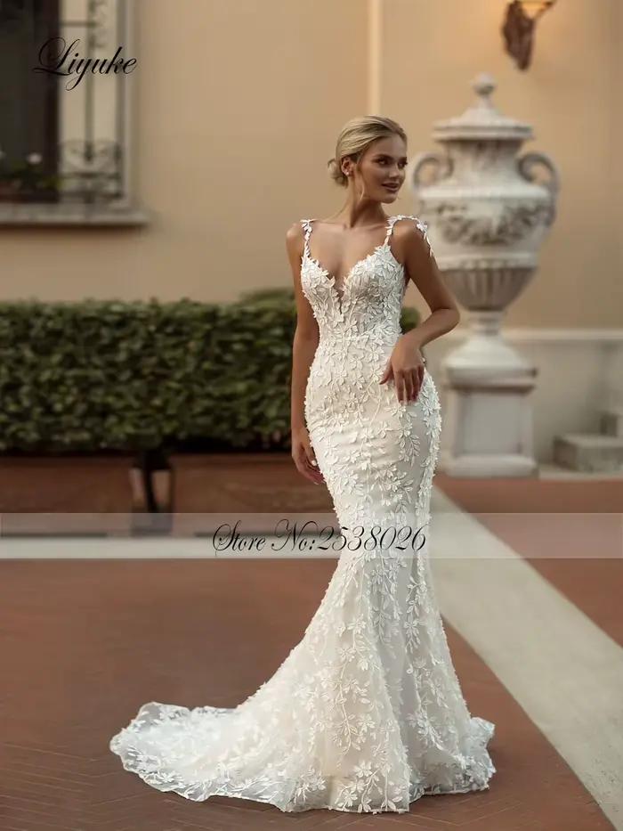 Liyuke personnaliser sur mesure chérie sirène robe de mariée Empire broderie dentelle bretelles Spaghetti sans manches