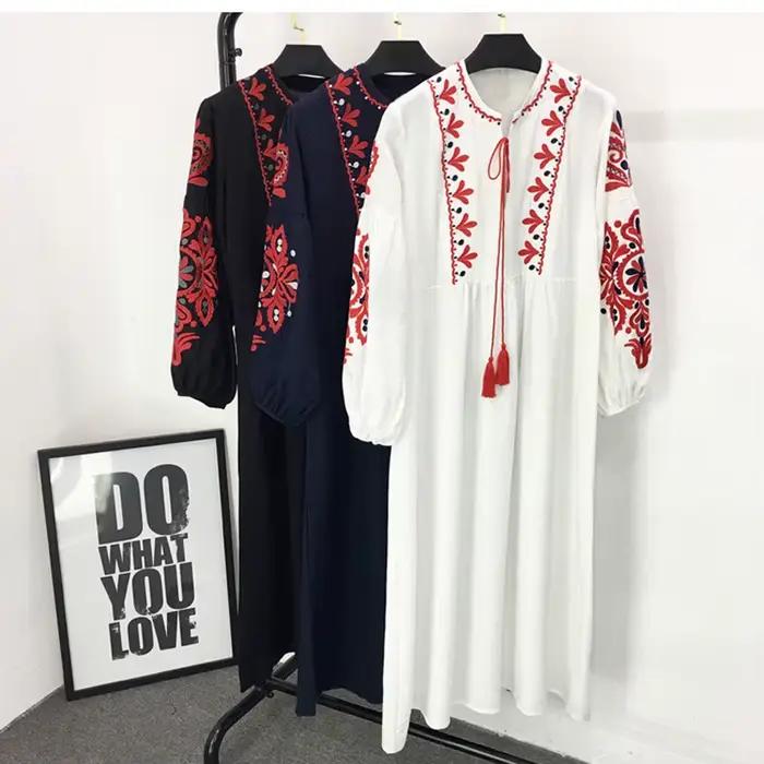 Longues robes Boho 2025 ethnique broderie florale col en v gland lanterne à manches