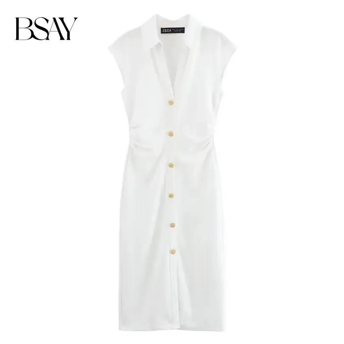 BSAY robe pour femmes mode été nouveau pli sans manches col en v simple boutonnage robes mi-longues français Chic femme vêtements de soirée