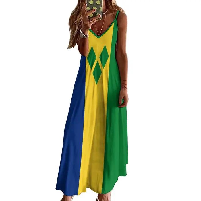 Robe longue à imprimé Saint-Vincent et les Grenadines pour femme, tenue rétro à col en V, nouvelle collection, polyester confortable, sans manches, pour femmes de tous âges, style plage, occasions spéciales, vacances, soirées romantiques, mariages