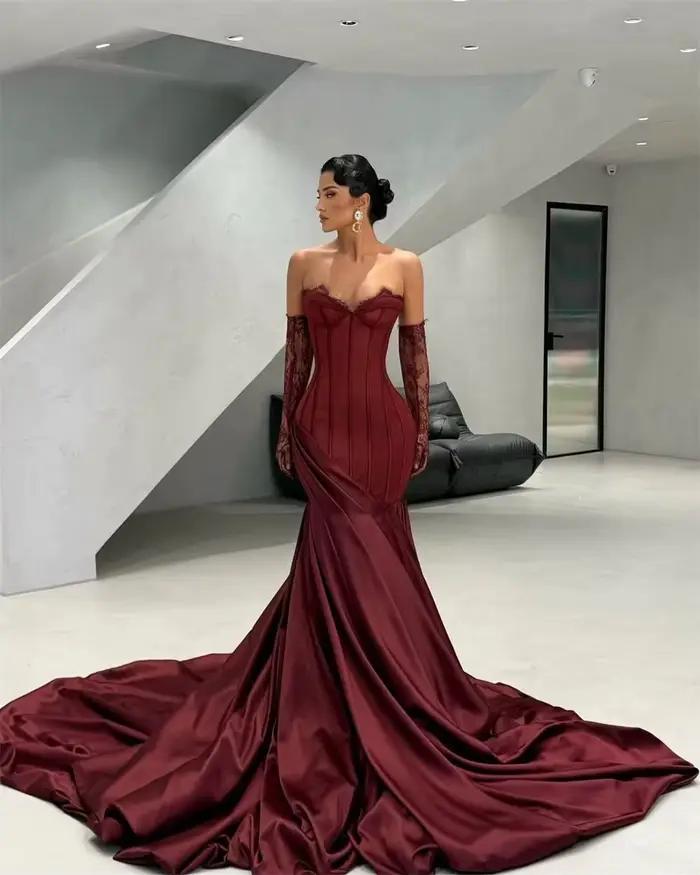 Contessa Dubai personnalisé vin rouge robe de bal sans bretelles avec manches en dentelle robes de noche cathédrale Train événements soirée formels
