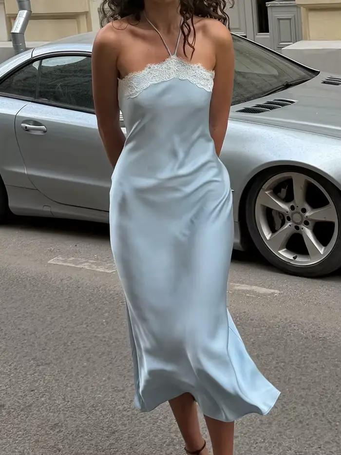 Robe midi chic décontractée lumineuse pour femmes style urbain français avec dentelle et patchwork col montant coupe moulante sans manches douces pour l'été