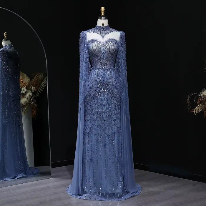 Robe de soirée Sharon Said Dubai Green à col montant avec manches cape et perles شارون سعيد