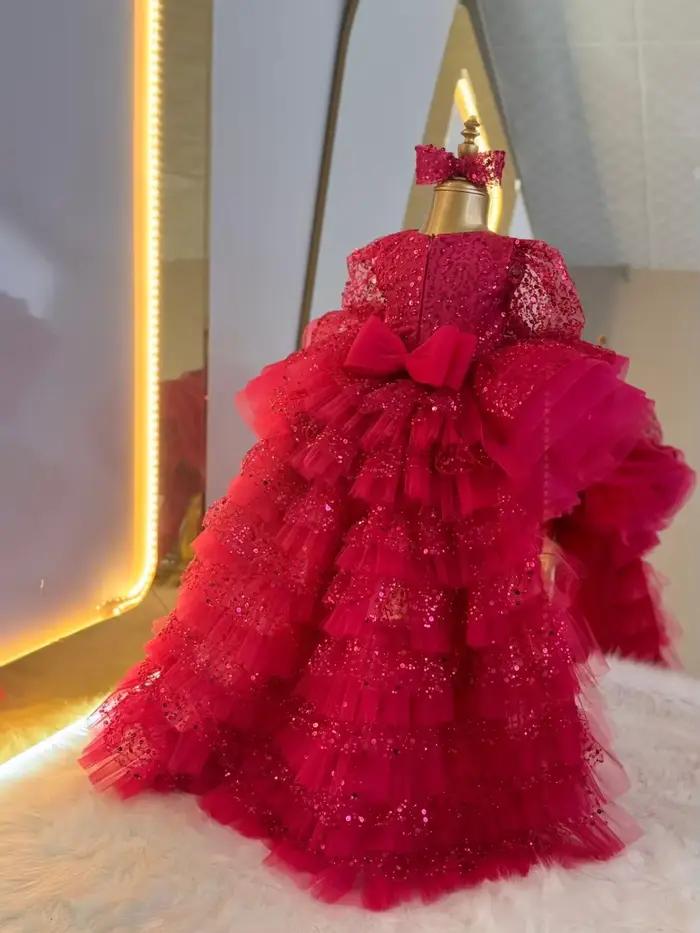Robe de princesse d'anniversaire à paillettes bordeaux moelleuse