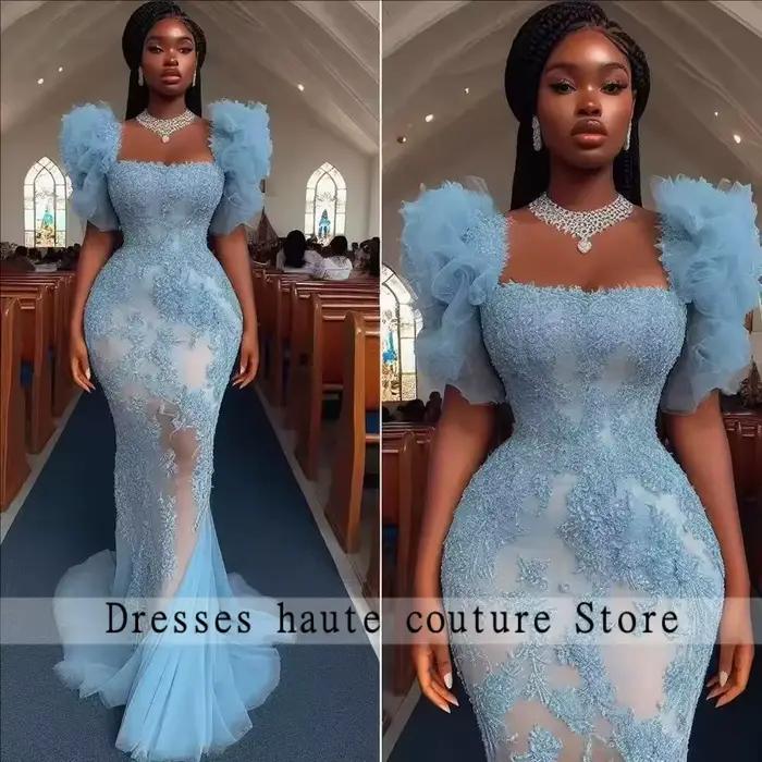 Robe de Soirée Africaine en Dentelle Bleue Personnalisée pour Femmes Occasions Spéciales Soirée Officielle Mariage Gala