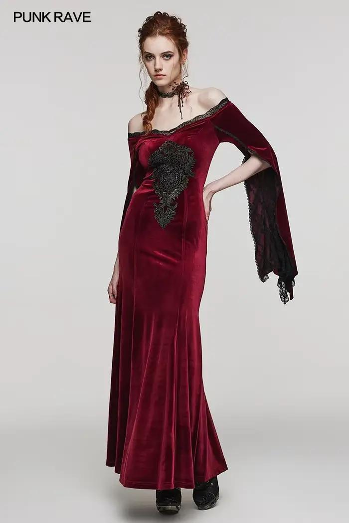Robe gothique longue en velours polyester avec patchwork et dentelle pour femmes - Occasions spéciales et événements gothiques