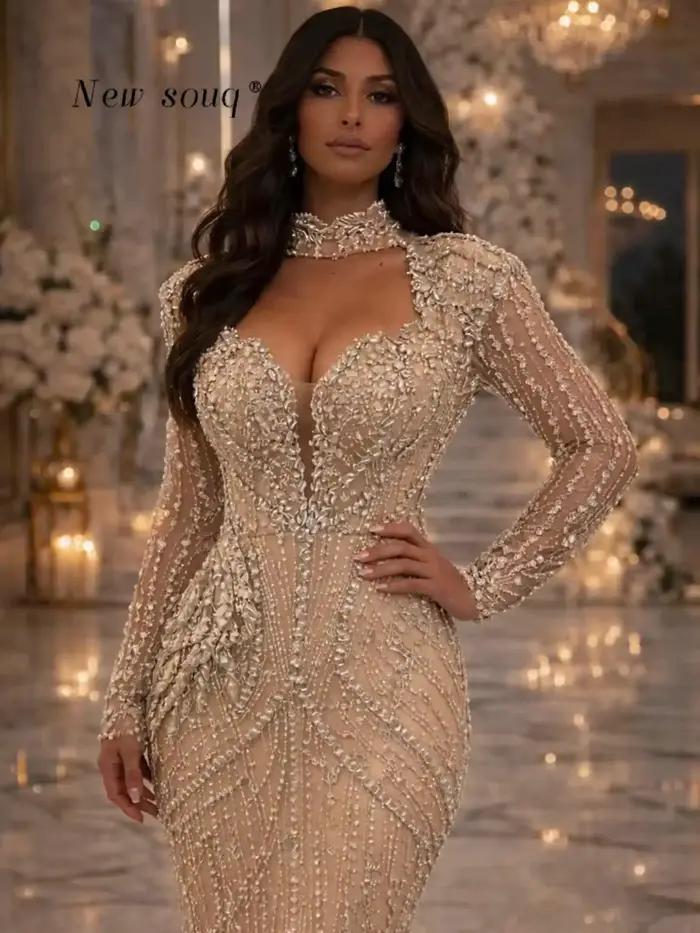 Robes de soirée sirène à manches longues de style arabe avec cristaux scintillants