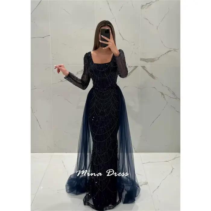 Mina personnalisé gemme robe de bal manches longues robes de bal de luxe carré Leader