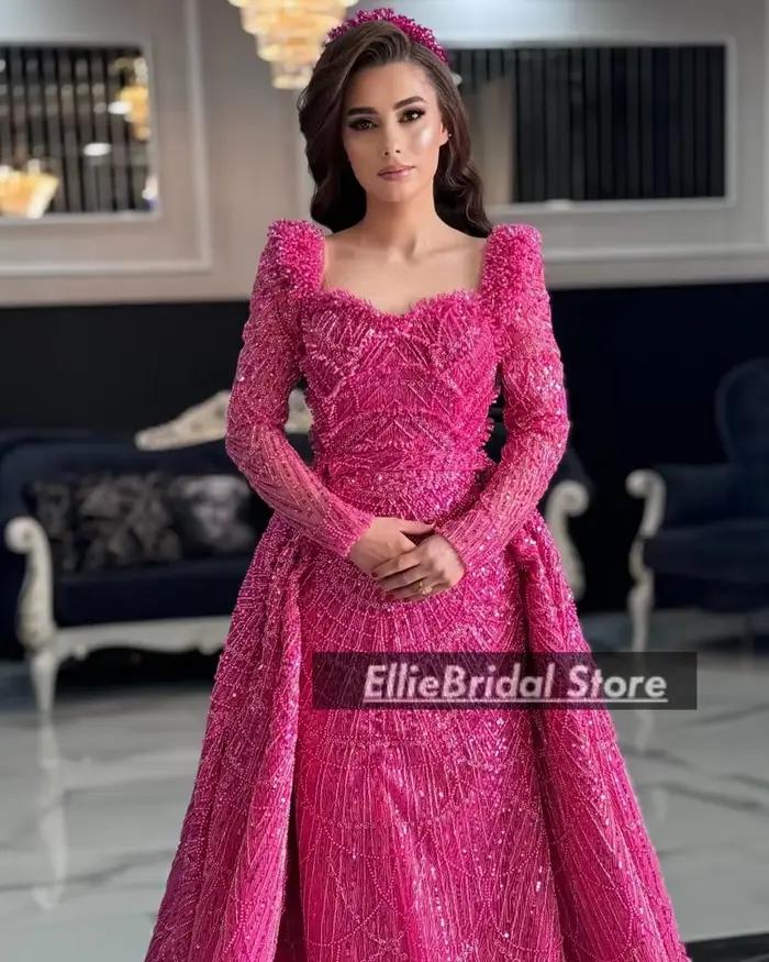 Arabie saoudite robes de soirée surjupe personnalisé perlé Fuchsia Robe de fiançailles manches longues