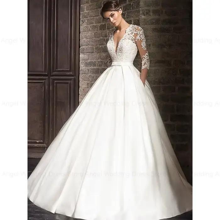 ANGEL élégant dentelle robes De mariée vestido De novia demi manches col en v Robe