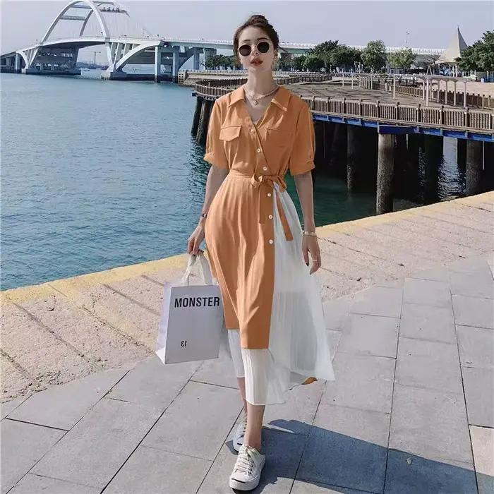 Robe midi femme été 2025 style français taille haute manches courtes coupe longue confortable décontractée pour le quotidien