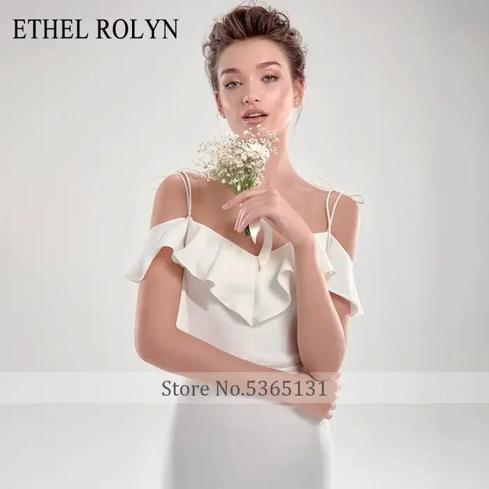 ETHEL ROLYN robe De mariée sirène élégante Satin volants perles bretelles Spaghetti robes