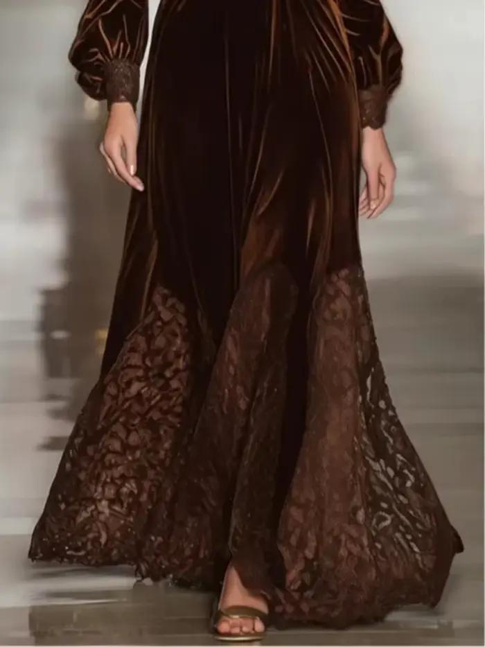 Robe longue en velours vintage élégante avec ourlet en dentelle pour femmes, style ligne U, pour soirées et événements printemps automne